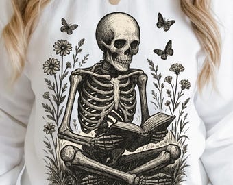 Gothic Book Reading Skeleton PNG: Floral Skull Sublimation Design (Digital Download)