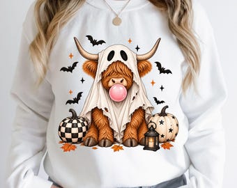 Halloween Highland Cow PNG, Cute Ghost Cow PNG, Spooky Highland Cow, Bubble Gum Cow PNG, Halloween Cow Shirt, Fall Sublimation