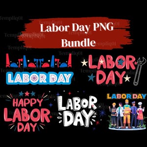 Könnte beinhalten: Eine Sammlung von Labor Day PNG-Grafiken mit Text und Illustrationen. Die Designs enthalten die Wörter "Labor Day" in verschiedenen Schriftarten und Farben sowie Bilder von Werkzeugen und Arbeitern. Der Hintergrund ist schwarz.