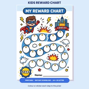 May include: A kids reward chart featuring a superhero theme with a flying character, a winding path of circular spaces for stickers, and a city skyline. The text reads KIDS REWARD CHART, MY REWARD CHART, I DID IT!, START, and Name: with a line.