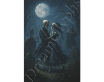 May include: A canvas print depicts a romantic scene with skeleton figures dancing in a moonlit graveyard. The skeletons are dressed in formal attire, with a full moon in the background. The artwork has a gothic, spooky theme.