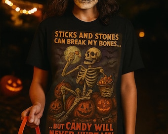 Funny Skeleton Halloween T-Shirt: Retro Pumpkin Candy Graphic Tee