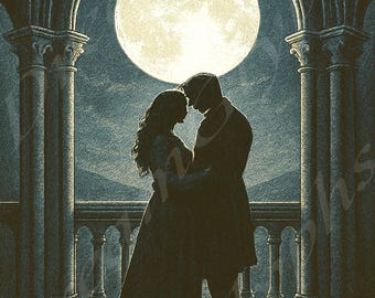May include: Romantic illustration of a couple embracing on a balcony under a full moon. The silhouettes of the figures are set against a backdrop of a large, glowing moon and architectural details, creating a dramatic and intimate scene.