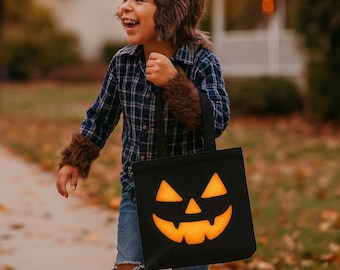 Halloween Tote Bag: Glowing Jack-o'-Lantern Face, Reusable Candy Bag