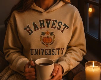 Sudadera con capucha de Harvest University, unisex, estilo otoño, con estampado de calabaza.