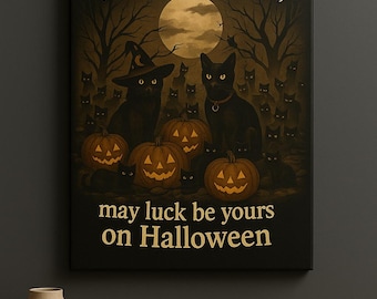 Black Cat Coven Canvas Art: Gothic Halloween Decor