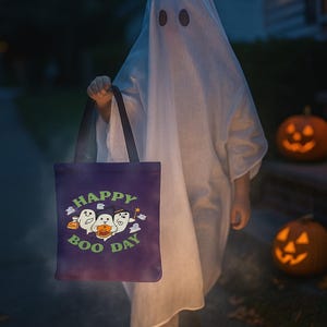 Halloween Tote Bag, Happy Boo Day Ghost Design, Spooky Fall Trick or Treat Gift