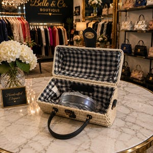 May include: A wicker picnic basket with a black and white gingham lining and a black leather handle sits open on a marble table. The basket contains a wrapped item. The background shows a boutique with clothing racks and handbags.