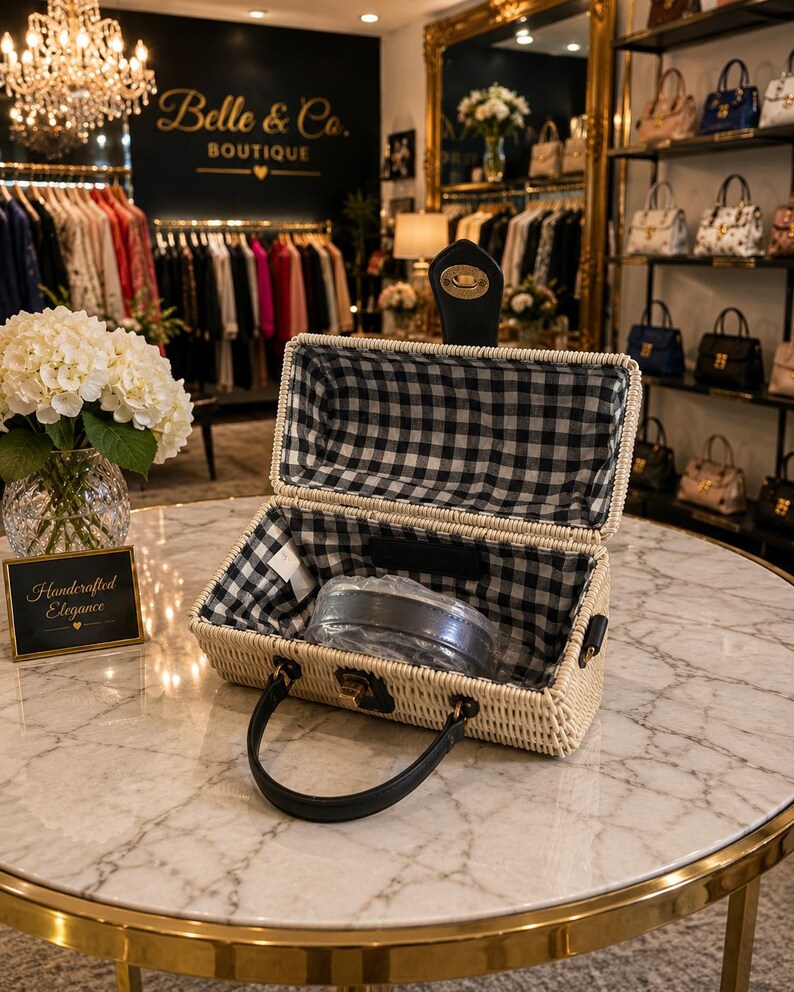 May include: A wicker picnic basket with a black and white gingham lining and a black leather handle sits open on a marble table. The basket contains a wrapped item. The background shows a boutique with clothing racks and handbags.