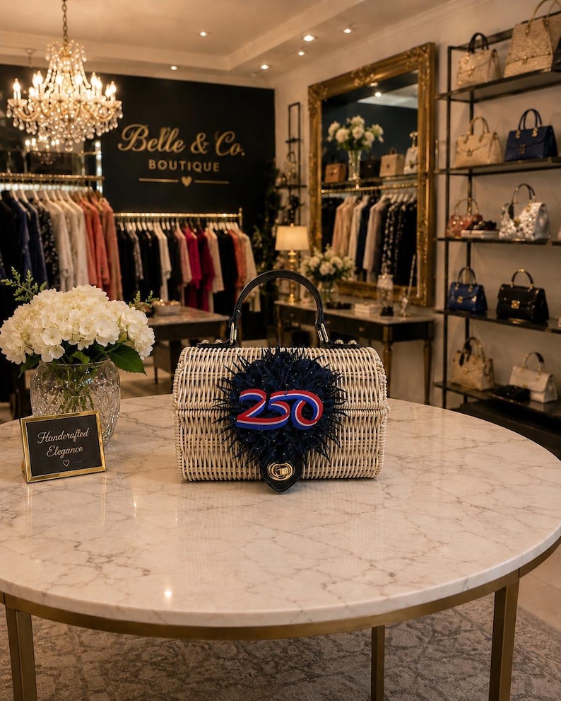 May include: A woven wicker handbag with a black handle and a decorative navy blue, red, and white embellishment. The handbag sits on a marble table in a boutique setting. The boutique's name, "Belle & Co. Boutique", is visible in the background.