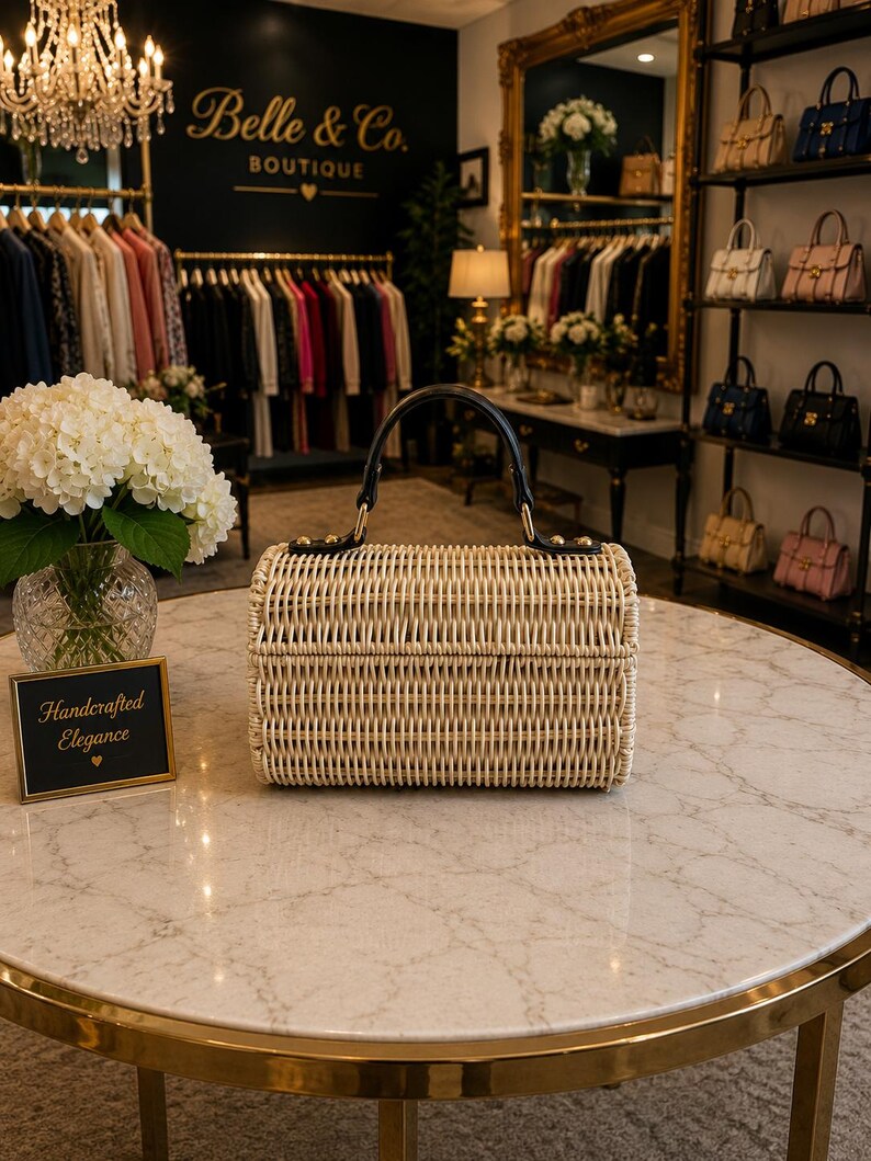 May include: A rectangular, woven rattan handbag with a black handle and gold-toned hardware sits on a marble table. The bag is light beige and has a structured design. The background shows a boutique setting with clothing racks and other handbags.