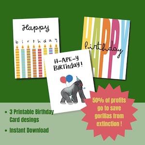 Printable Gorilla Birthday Card (3 designs) – 50% of Profits Donated to Gorilla Conservation