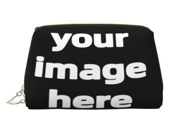 Bolsa de maquillaje de cuero personalizada - Personalizada con tu foto/diseño / Bolsa de cosméticos negra con cremallera dorada / Resistente al agua y duradera