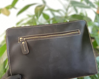 Handcrafted Brown Leather Zipper Pouch - Vintage Style with Gold Hardware | Genuine Leather Clutch | Minimalist Small Purse