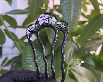 Grampo de cabelo floral pintado à mão - Prendedor de cabelo laqueado preto com detalhes em pérola | Acessório de cabelo tradicional asiático | Casamento e ocasiões especiais