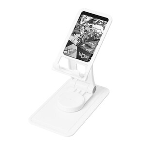 May include: A white, adjustable phone stand with a screen displaying a black and white comic book panel. The stand is angled and features a circular base and a rectangular platform. The comic panel includes the words "WOW!" and "BANG".