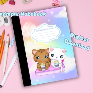 Composition Book Covers, Kawaii Cat Friend Character, Back To School Printable, Digital Download