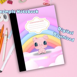 Composition Book Covers, Kawaii Pig, Back To School Printable, Rainbow Design, Digital Download