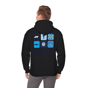 F1 Icons Hoodie | Formula 1 Car Outline Front & Racing Symbols Back | Minimalist Motorsport Sweatshirt | Car Lover Gift | Racing Fan Merch