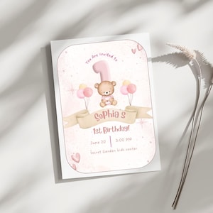 Bearbeitbar 1. Geburtstagseinladung Mädchen | Rosa Teddybär Leinwand Vorlage | Baby Mädchen Party Sofortiger digitaler Download | Druckbar einladen