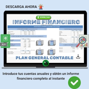 Puede incluir: Una pantalla de portátil muestra un informe financiero con gráficos y tablas de datos. La pantalla muestra el texto "INFORME FINANCIERO" y "PLAN GENERAL CONTABLE". La imagen incluye un botón de descarga verde y un icono de archivo Excel.
