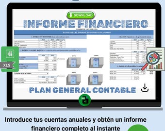 May include: A laptop screen displays a financial report with charts and data tables. The screen shows the text "INFORME FINANCIERO" and "PLAN GENERAL CONTABLE". The image includes a green download button and an Excel file icon.