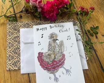 Funny Dancing Chicken Birthday Card, Silkie Hen Illustration, Blank Inside, Personalised Message, Eco Card