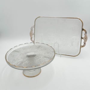 Vintage Jeanette Harp Design Cake Stand and Serving Tray Frosted Glass with Gold Trim