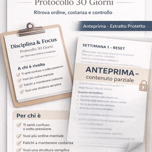 Può includere: Immagine promozionale per un programma di 30 giorni, "Disciplina & Focus", con testo in italiano. L'immagine include un blocco per appunti con punti elenco e un esempio di contenuto settimanale, promuovendo ordine, costanza e controllo.