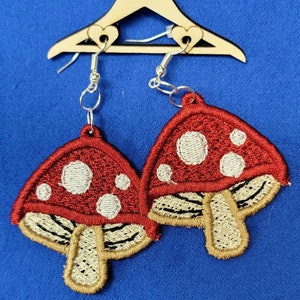 Embroidered Mushroom Earrings: Free Standing Lace, Hypoallergenic Hoops