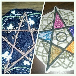 May include: Two embroidered pentagram patches. One is dark blue with vines and white leaves. The other is white with a green border and colorful geometric shapes inside, including pink, blue, gold, orange, and purple.