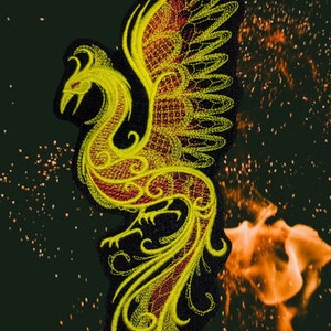 May include: A yellow and red embroidered phoenix with intricate details, set against a dark green background with orange sparks.