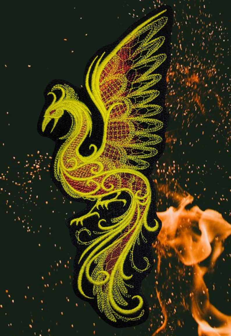 May include: A yellow and red embroidered phoenix with intricate details, set against a dark green background with orange sparks.