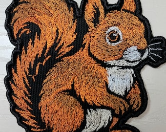 May include: Embroidered patch depicting a squirrel. The squirrel is rendered in shades of orange and white, with a black border. Suitable for application on fabric items.