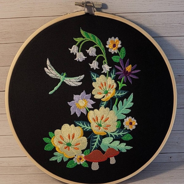 Dragonfly Floral Embroidery Hoop Art: Finished Project, 8 Inch