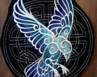 Embroidered Raven Patch: Celtic Knot Design