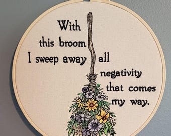 Witches broom blessing embroidered art