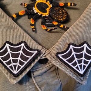 May include: A pair of black and white spiderweb patches with a white outline. The patches are sewn onto a green fabric collar.