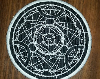 Embroidered Alchemy Patch: White Thread on Black Canvas