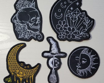 Assorted 5.00 dollar patches, moon, witch, bee,skull