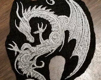 Dragon Patch, Grey Embroidery on Black Felt