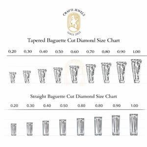 May include: A diamond size chart showing tapered and straight baguette cuts. The chart illustrates different sizes from 0.20 to 1.00, with examples of each diamond shape. The Crafti Jewels logo is at the top.