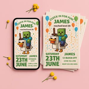Invitations d'anniversaire Minecrafter, taille 5 x 7, jeu vidéo, invitation d'anniversaire, carte d'anniversaire, anniversaire fille garçon, invitation pixélisée