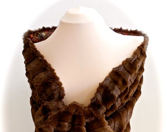 Sable Brown Faux Fur Stole with Paisley Silk Lining