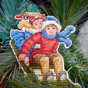 Victorian Sledding Children Cross Stitch Ornament