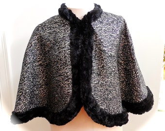 Black and Silver Brocade Cape with Faux Fur Trim