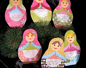 Russian Matroyshka Doll Paper Ornaments--Set of Six