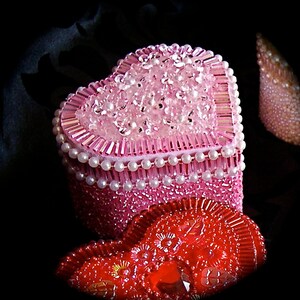 Pink Beaded and Jeweled Heart Keepsake Box with Crystals and Pearls image 2