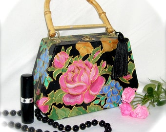 Cloissonne-look Handpainted Wooden Purse with Roses