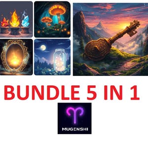 Fantasy Wand Kunst Set – 5 zauberhafte Digitaldrucke | Leuchtpilze, Elementarkristalle, Mondglas, Zauberspiegel | Sofort Download